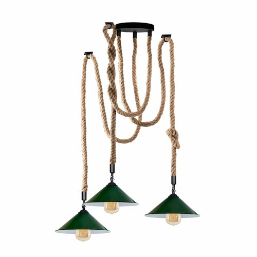 Industrial vintage Retio 3 Head Hemp  Spider Chandelier  Cone Green